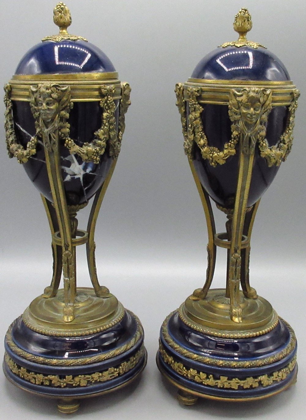 Pair of Louis XVI style ormolu mounted blue porcelain casolettes, egg shaped bodies with - Image 2 of 3
