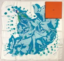 Hermes silk scarf, 'Hola Flamenca!', designed by Dimitri Rybalchenko c2005, turquoise design of a