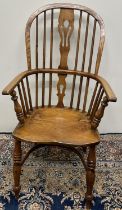 19th century ash and elm high back Windsor chair, with pierced vase shaped splat and shaped seat