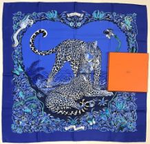 Hermes silk scarf, 'Jungle Love', designed by Robert Dallet c2000, jungle scene with leopards,