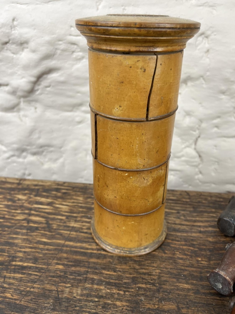C19th treen spice tower, four tiers with paper labels for Cloves, Mace, Ginger and Nutmegs, H20cm, - Image 3 of 3