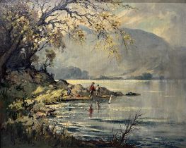 Robert Leslie Howey (1900-1981); 'Derwent Water' an extensive landscape with figures, oil on