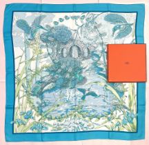 Hermes silk scarf, 'Au Bord De L'eau', designed by Laurence Bourthoumieux c2005, vibrant lake