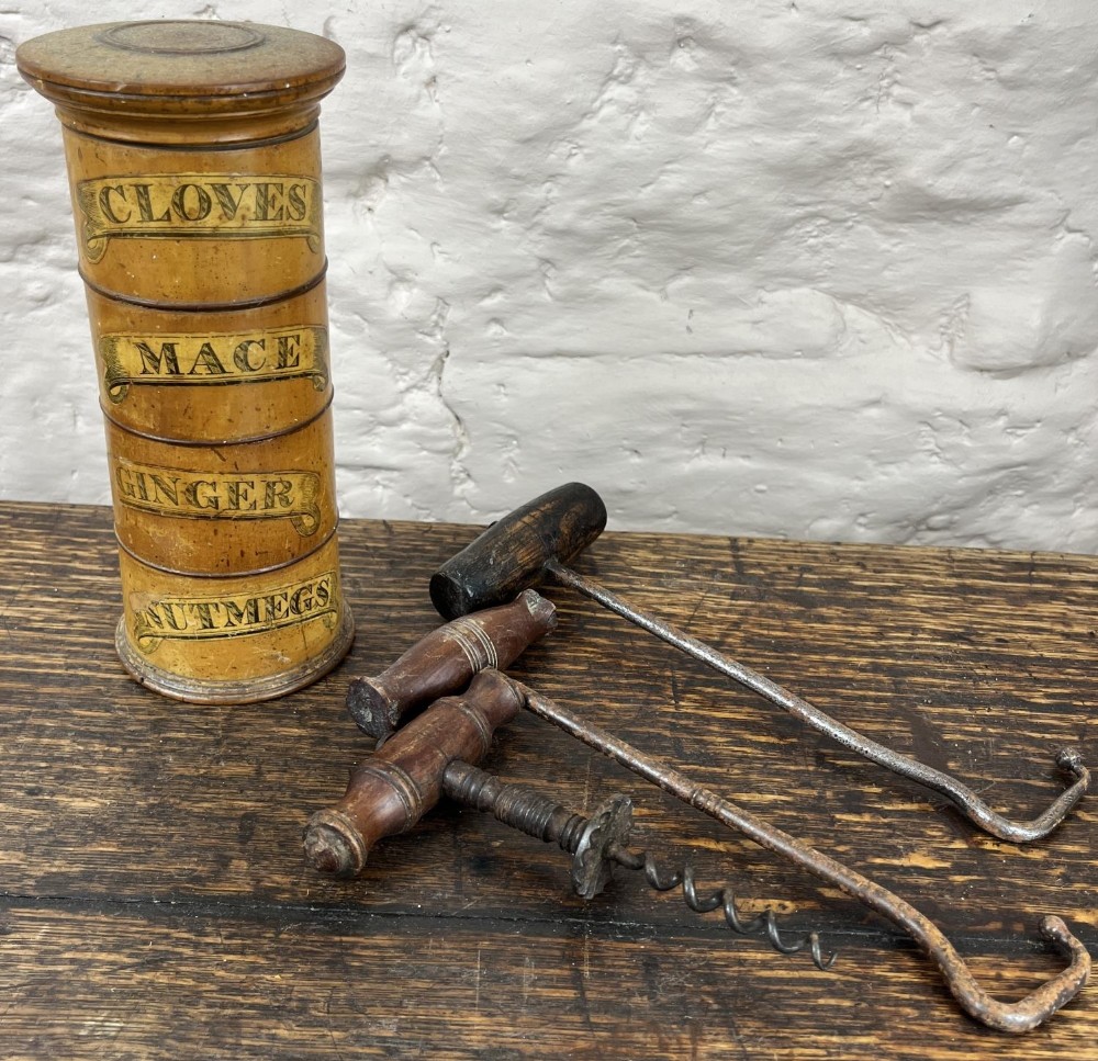 C19th treen spice tower, four tiers with paper labels for Cloves, Mace, Ginger and Nutmegs, H20cm,