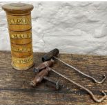 C19th treen spice tower, four tiers with paper labels for Cloves, Mace, Ginger and Nutmegs, H20cm,