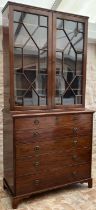 19th century mahogany secretaire bookcase, with moulded cornice and two astragal glazed doors