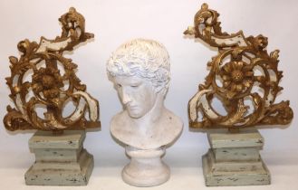 Pair of Rococo Revival gilt wood crestings on integral stepped square plinths, H54cm W20cm, and a