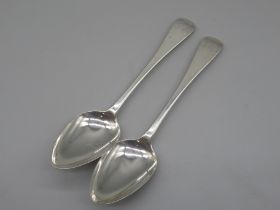 Pair of George 111 silver Old English pattern table spoons engraved with initial R, John Robertson