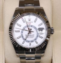 Rolex Oyster Perpetual Sky-Dweller stainless steel wristwatch, signed white dial with baton hour