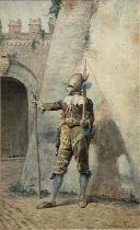 Federico Bartolini (1861-1908); Soldier before a city wall, watercolour, signed and inscribed