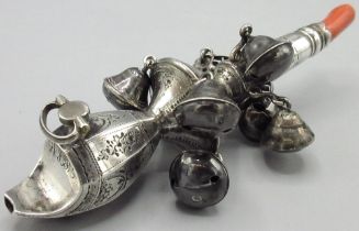 Victorian silver and coral child's rattle, whistle and teether, with bright cut scroll detail and