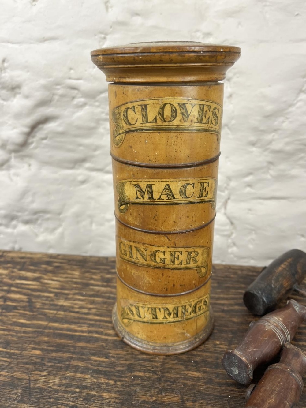C19th treen spice tower, four tiers with paper labels for Cloves, Mace, Ginger and Nutmegs, H20cm, - Image 2 of 3