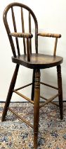 Early 20th century ash and beech Childs high chair, with hoop and stick back on turned supports with