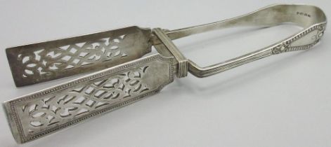 Pair of Victorian silver Asparagus tongs with bead, gadroon and pierced decoration, Chawner & Co