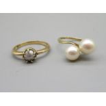 18ct yellow gold single pearl ring, stamped 18ct, size M1/2, 2.7g, and a 14ct yellow gold double