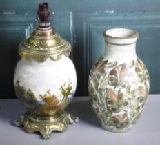 20th century brass mounted pottery table lamp, H37cm, and a Denby pottery vase decorated with