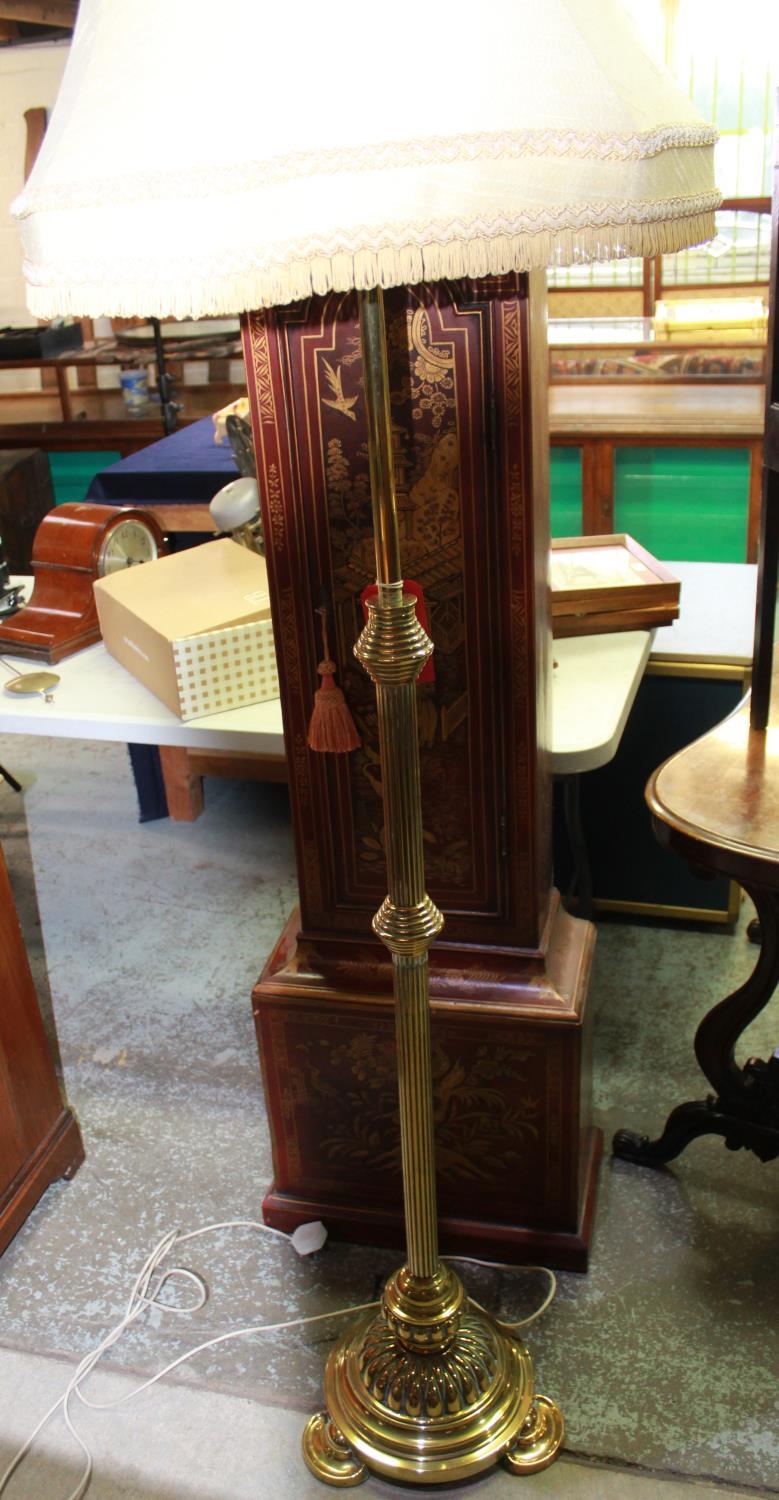 Brass standard lamp, fluted column on stepped lobed circular base with D shaped feet, H158cm