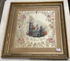 WWI interest, early 20th century mounted embroidered silk panel 'Les Halles D'Ypres' depicting Ypres