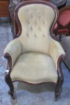 Victorian mahogany framed upholstered arm chair, on scroll carved cabriole legs, H103cm