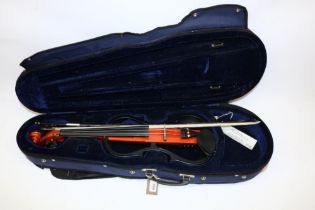 Antoni electric skeleton violin, L60cm, and a 'Valentino' bow, L75cm, in fitted case