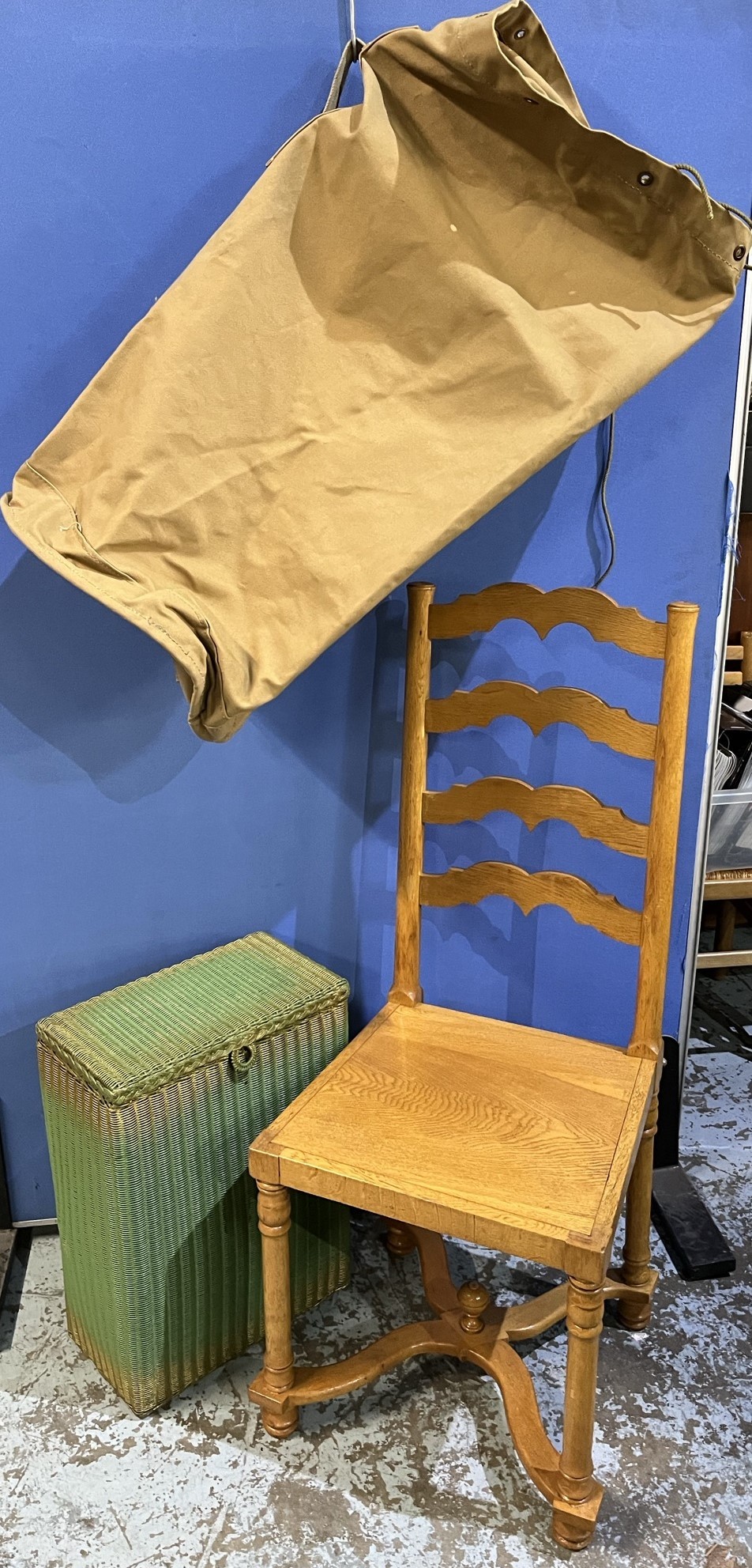 Golden oak ladder back hall chair, green Lusty Lloyd Loom linen basket and a Seamans canvas kit
