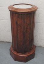 Victorian figured mahogany fluted cylindrical bedside pot cupboard, with inset white marble top,