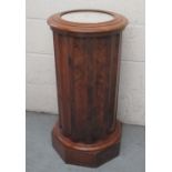 Victorian figured mahogany fluted cylindrical bedside pot cupboard, with inset white marble top,