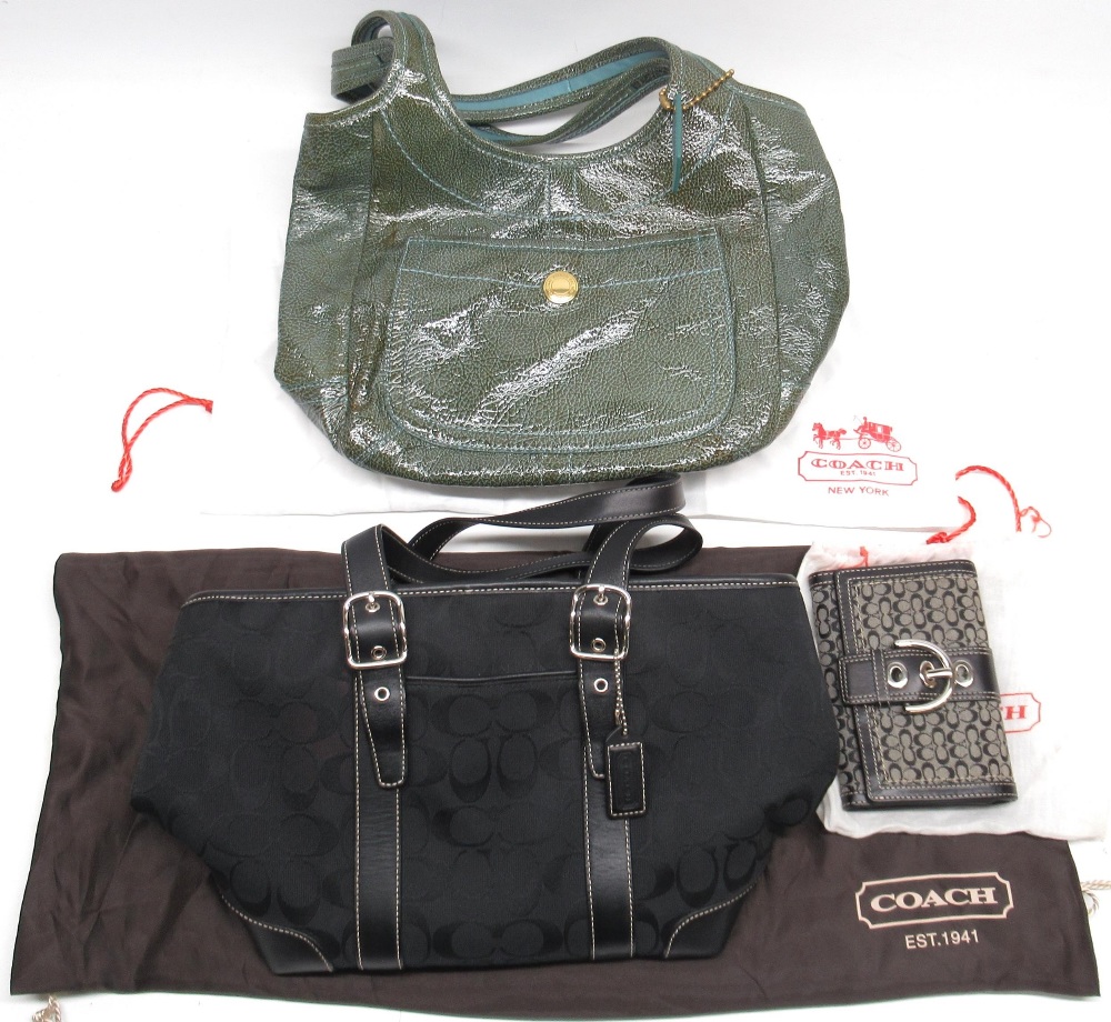 Coach legacy ergo patent leather shoulder bag and Coach black signature handbag with a back and grey