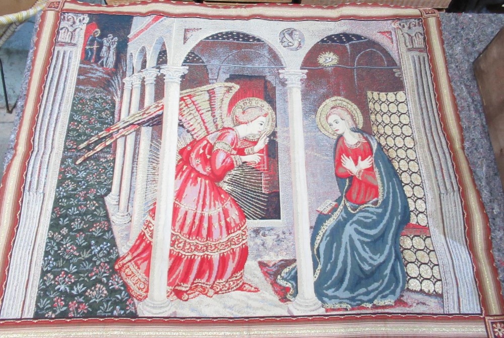 Coloured tapestry style wall hanging, 'The Annunciation of Mary', W135cm H110cm - Image 2 of 2