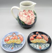 Moorcroft Pottery: 'Roses' design jug produced for M.C.C, H14.5cm, and two M.C.C. Centenary pin