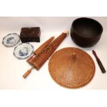 Tibetan bronze singing bowl, D30.5cm; two Chinese paper parasols; Chinese woven straw hat; two