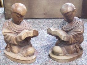 Pair of wood bookends carved as kneeling reading figures, H26cm (2)