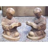 Pair of wood bookends carved as kneeling reading figures, H26cm (2)