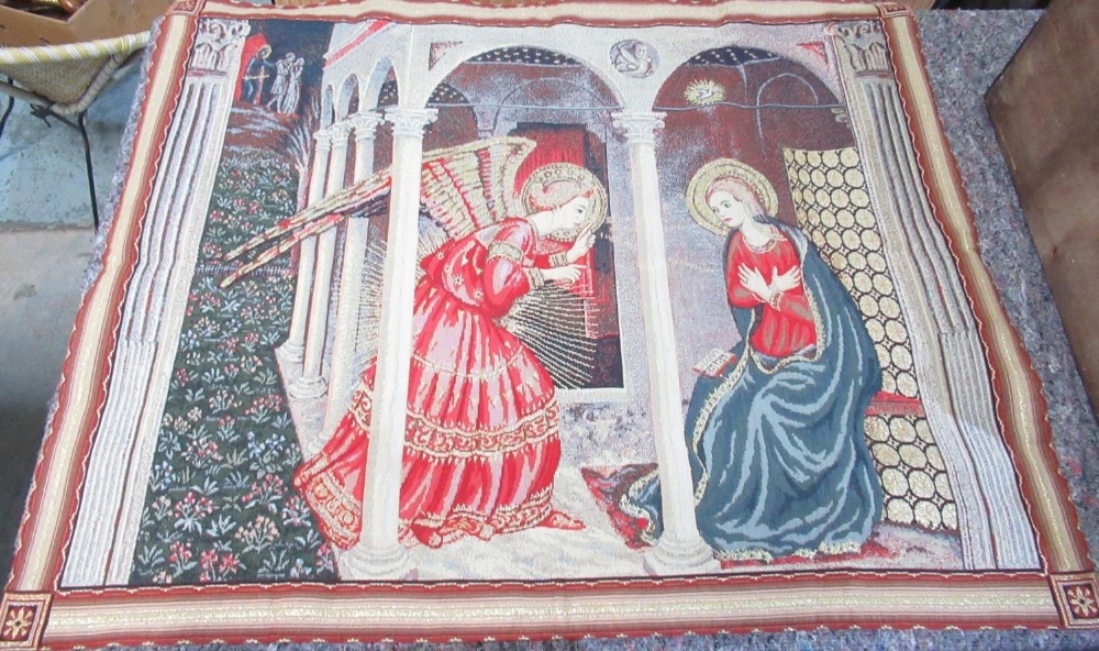 Coloured tapestry style wall hanging, 'The Annunciation of Mary', W135cm H110cm