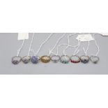 Nine silver rings with various gemstones, incl, silver ring set with a tanzanite cluster, silver