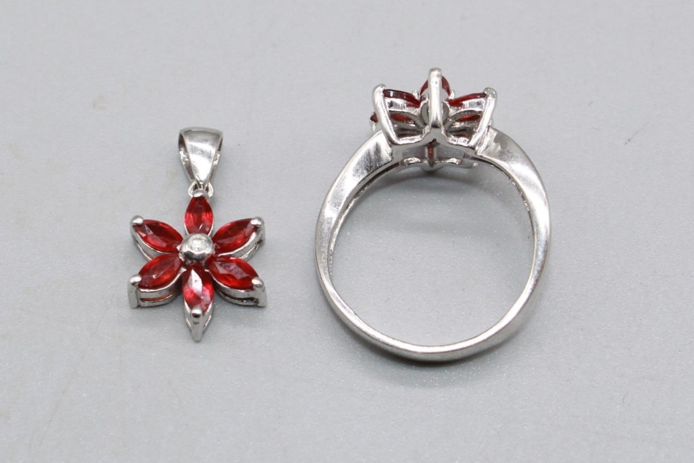 18ct white gold necklace set with diamond and ruby floral cluster ring, size M, and matching - Image 2 of 2