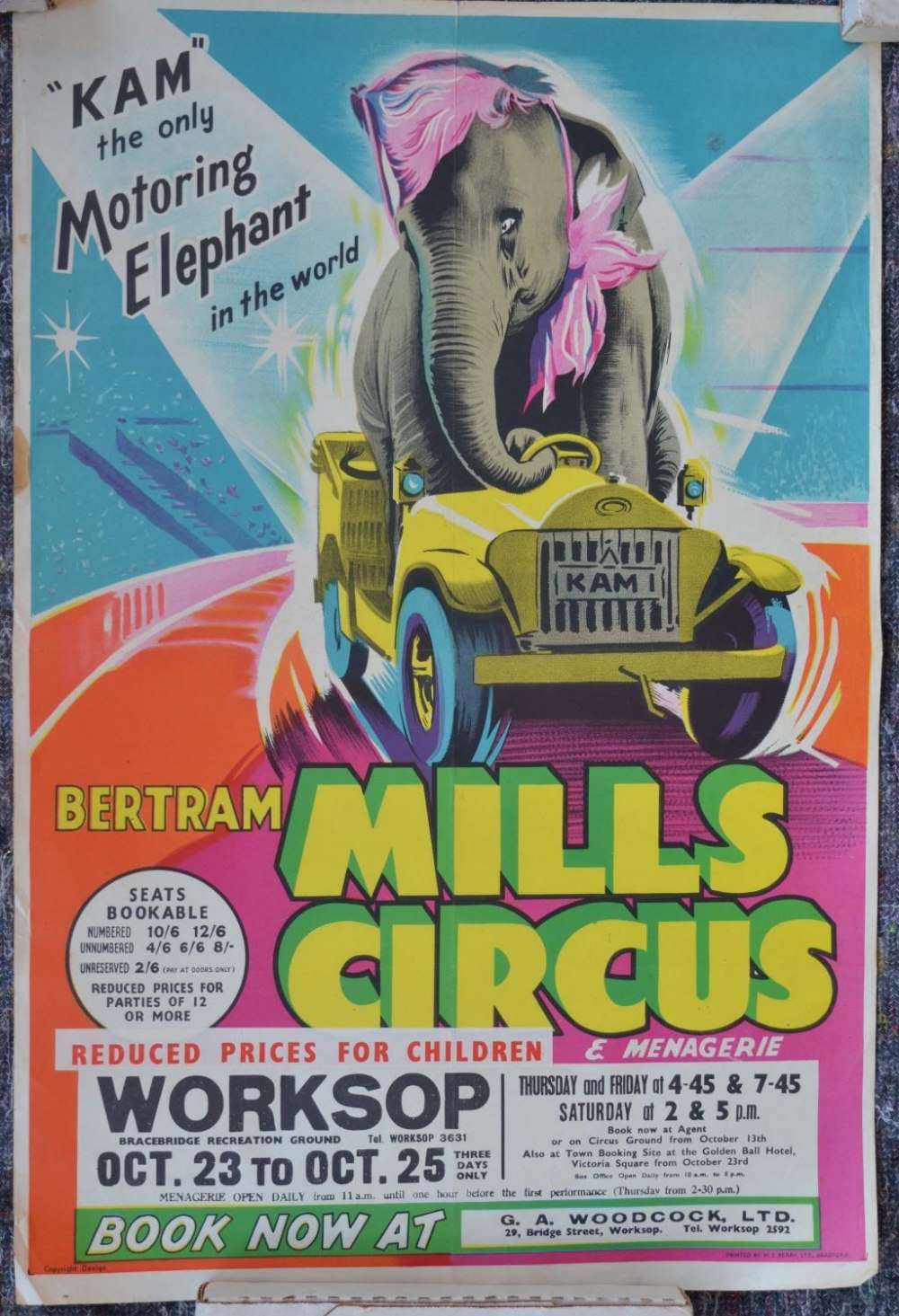 Vintage W.E.Berry event advertising poster for Bertram Mills Circus And Menagerie, Worksop (circa