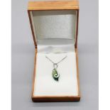 18ct white gold drop pendant with white and green stones on an 18ct white gold chain, 45cm, 1.9g