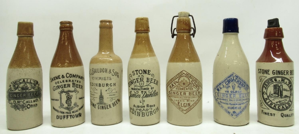 Collection of early 20th century stoneware ginger beer bottles, Scottish breweries, one of each from
