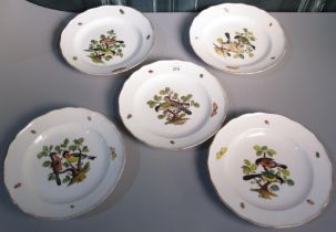 Set of six C20th Meissen circular ornithological plates, painted with exotic birds on branches and