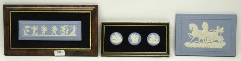 Wedgwood blue jasperware: 'The Seasons' plaque, framed cameo art, and a Troy rectangular plate (3)