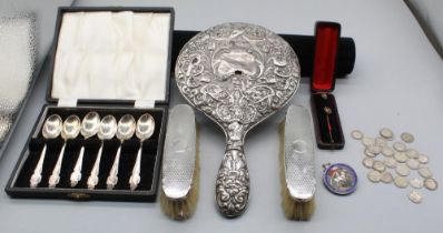 Cased set of six teaspoons by Cooper brothers & sons Ltd, Sheffield, 1959, Pair of silver brushes by