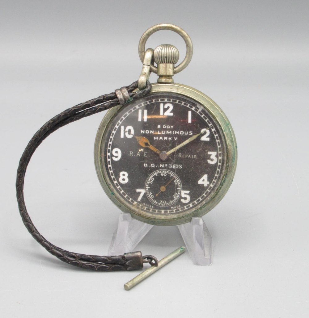 Octavia WW1 Air Ministry Mark V non luminous nickel 8 day keyless pilot's pocket watch, black enamel