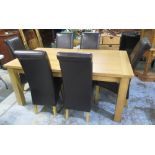 Oak extending dining table with hidden leaf on square supports, W240cm D107cm H78cm and a set of six