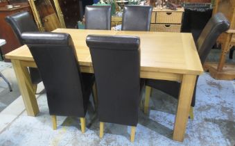 Oak extending dining table with hidden leaf on square supports, W240cm D107cm H78cm and a set of six