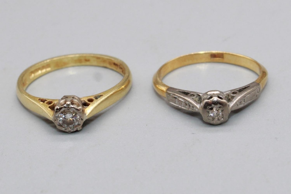 18ct yellow gold solitaire diamond ring, stamped 750, size L1/2, and another similar 18ct ring,