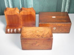 Georgian mahogany tea caddy with shell inlay, a Victorian rosewood sewing box and a pair of mahogany