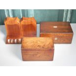 Georgian mahogany tea caddy with shell inlay, a Victorian rosewood sewing box and a pair of mahogany