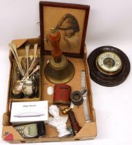 C20th school bell with turned wooden handle; walnut aneroid barometer; EPNS cutlery; Apple Magic