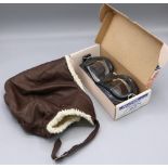 Late C20th sheepskin lined driving hat, and a pair of Halcyon Mark 8 motorcycle goggles (2)